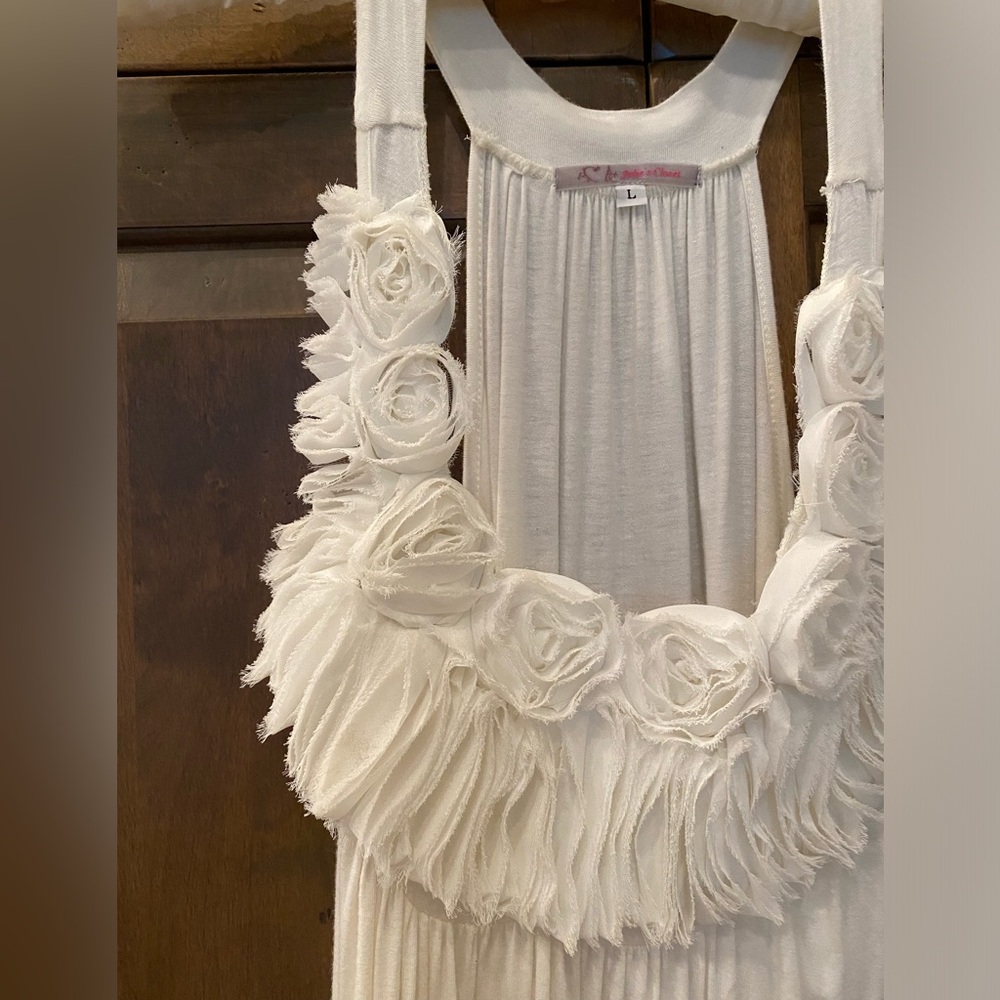 Julie’s Closet white bubble dress or top with chiffon rosettes